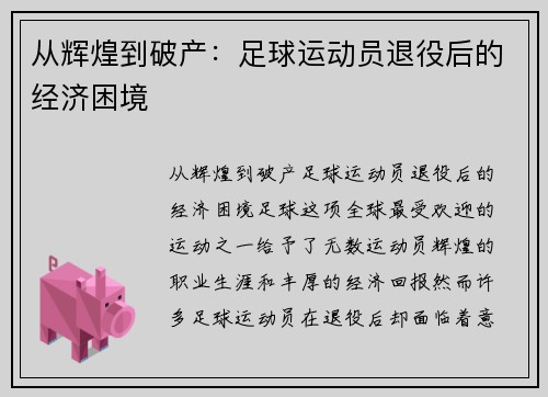 从辉煌到破产：足球运动员退役后的经济困境